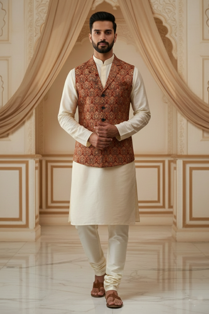 Men’s Rust Printed Nehru Jacket | Ethnic Waistcoat for Kurta Pajama & Festive Wear