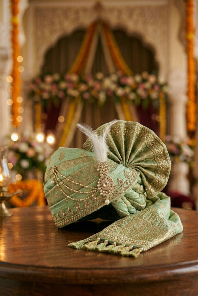 Royal Sage Green Silk Turban with Gold Zari & Pearls
