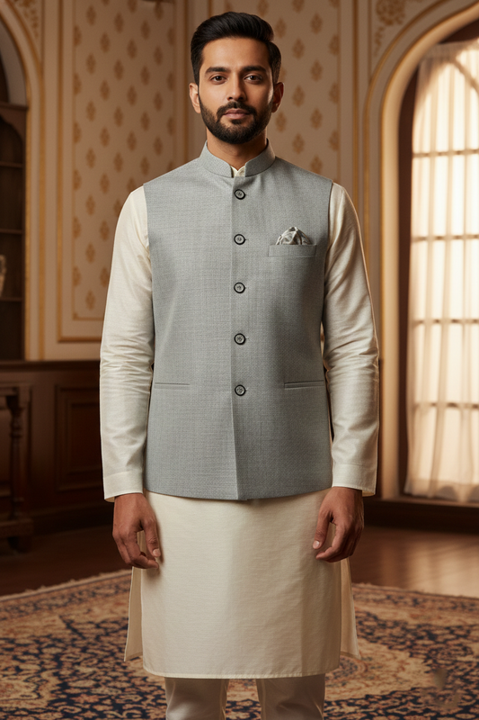 Light Grey Nehru Jacket with Pocket Square &  Cream Kurta Set