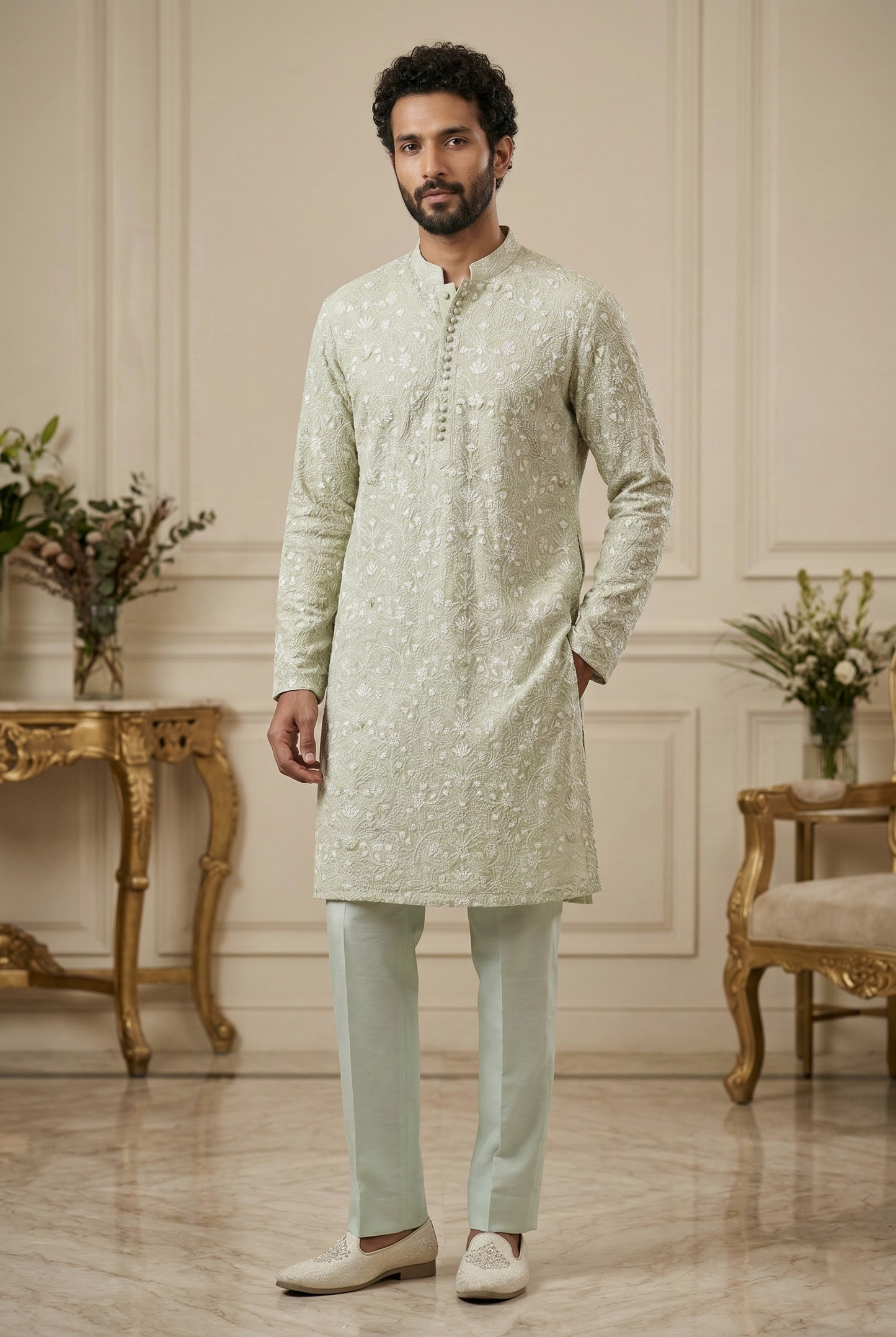 Men'sMint Green Embroidered Partywear Kurta Pajama