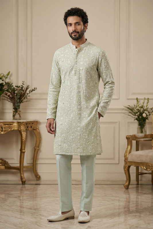 Men'sMint Green Embroidered Partywear Kurta Pajama