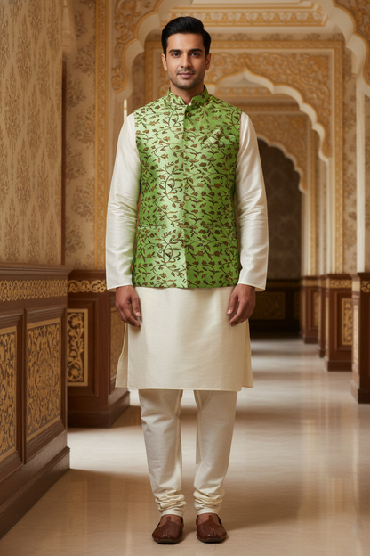 Emerald Vine: The Lustrous Foliage Nehru Jacket