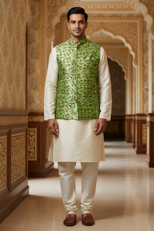 Emerald Vine: The Lustrous Foliage Nehru Jacket