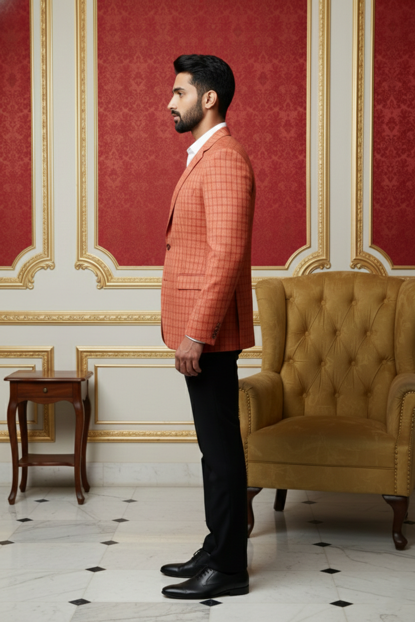 Red-Orange Grid Pattern Blazer
