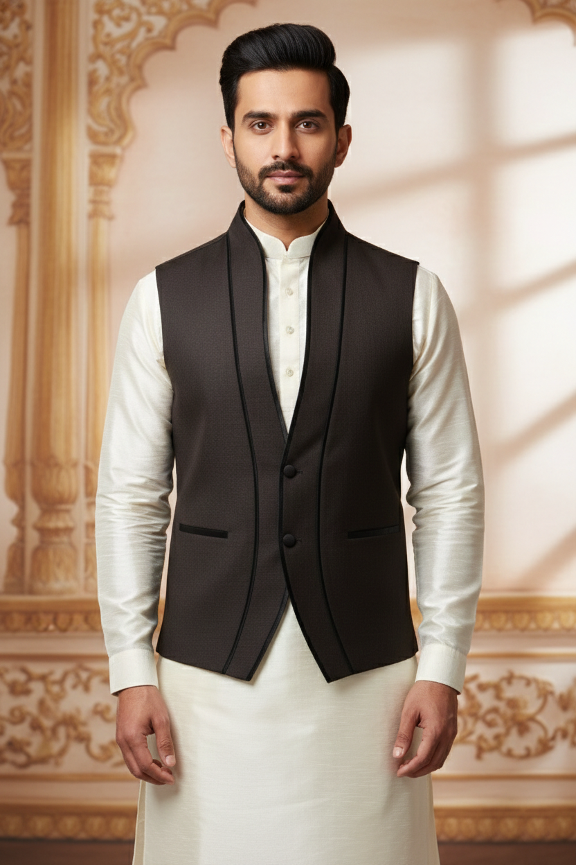 Men’s Black Jacquard Silk Waistcoat with Notch Lapel | Slim Fit Festive Vest