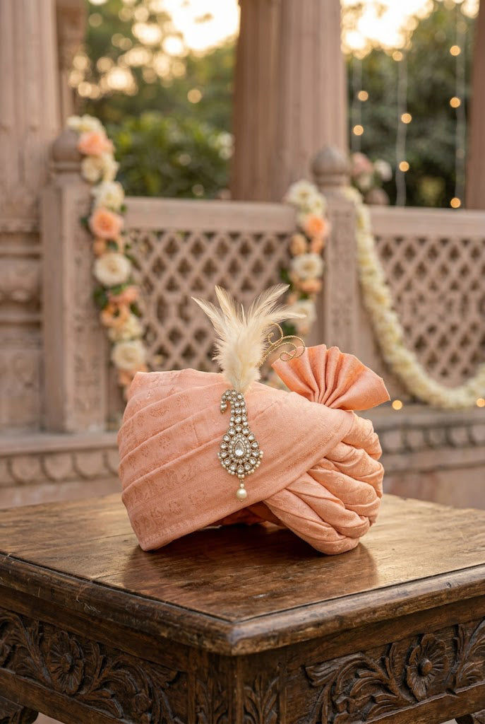 Royal Peach Silk Groom Turban with Kundan Brooch
