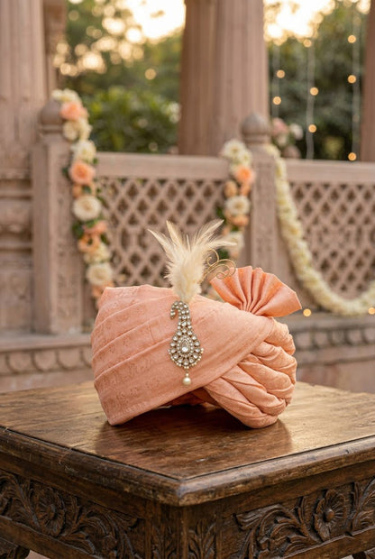 Royal Peach Silk Groom Turban with Kundan Brooch