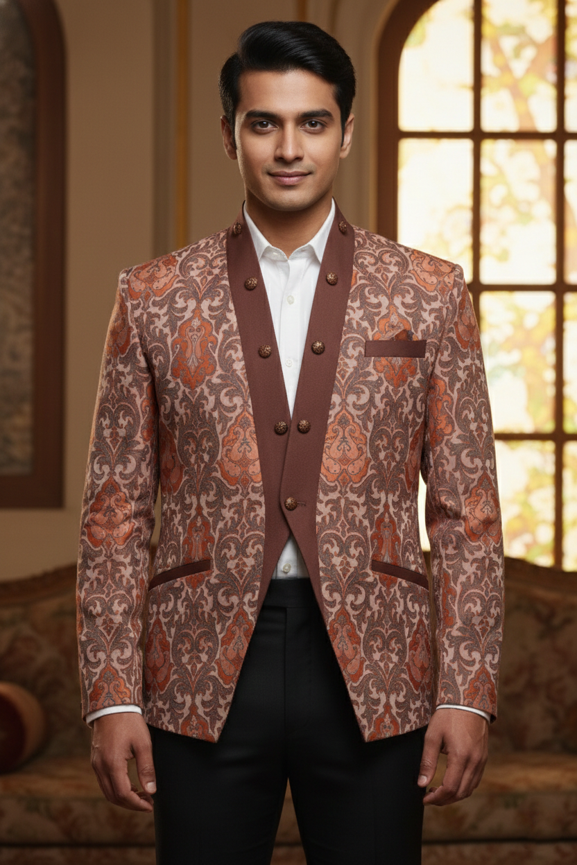 Regal Vine Motif , Ornate Double-Breasted Blazer