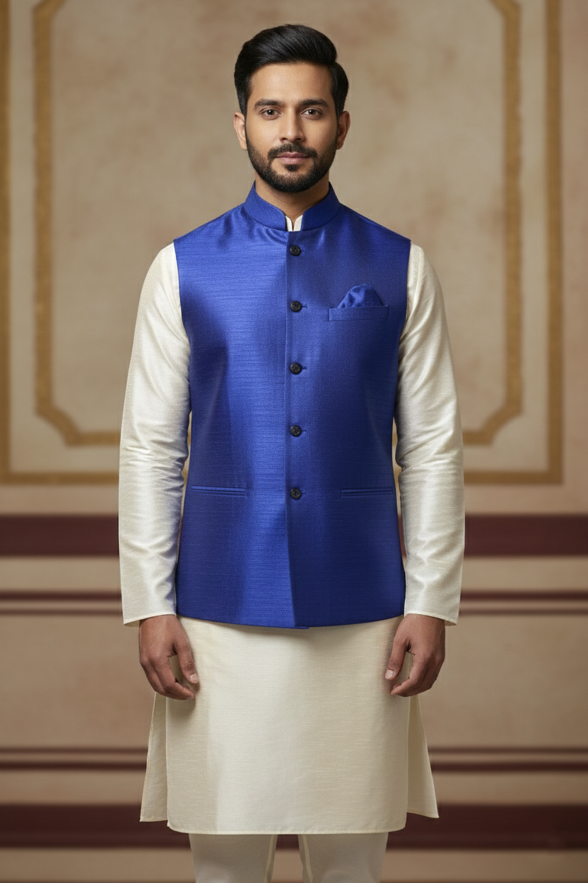 Men’s Royal Blue Nehru Jacket with Ivory Kurta Pajama