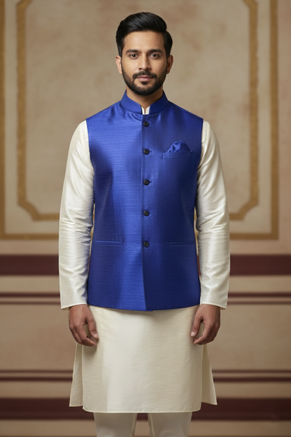 Men’s Royal Blue Nehru Jacket with Ivory Kurta Pajama