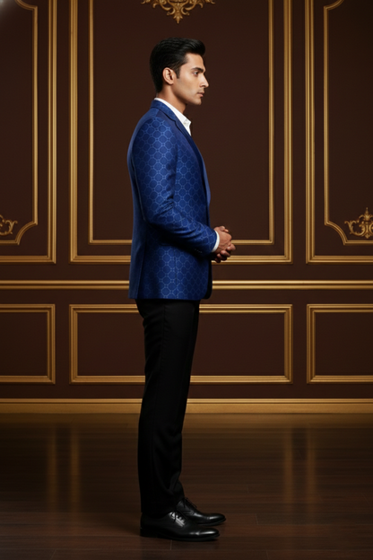 Royal Blue Geometric Jacquard Tuxedo Blazer with Satin Notch Lapels