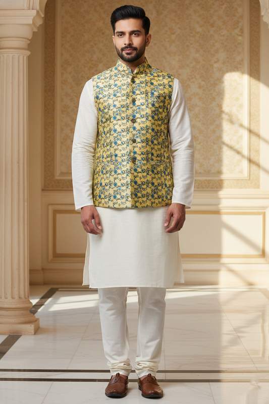 Men’s Yellow Floral Nehru Jacket with Ivory Kurta Pajama