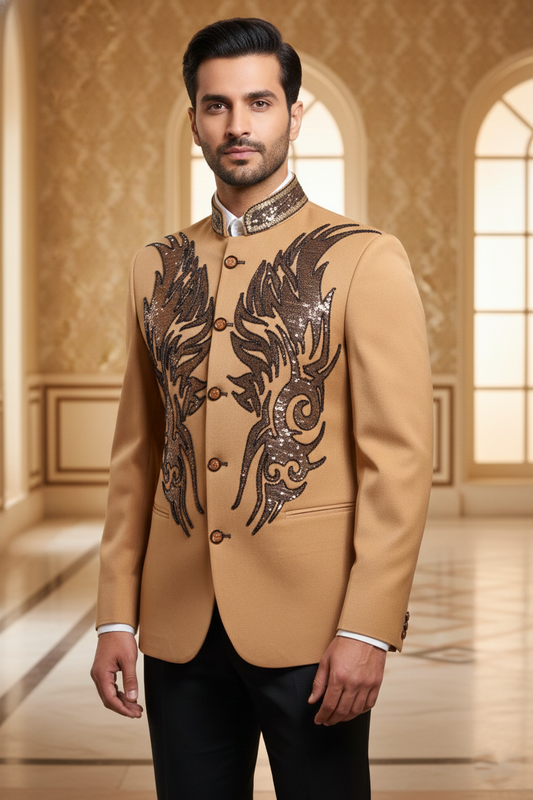 Men'sBeige Embellished Bandhgala Jacket