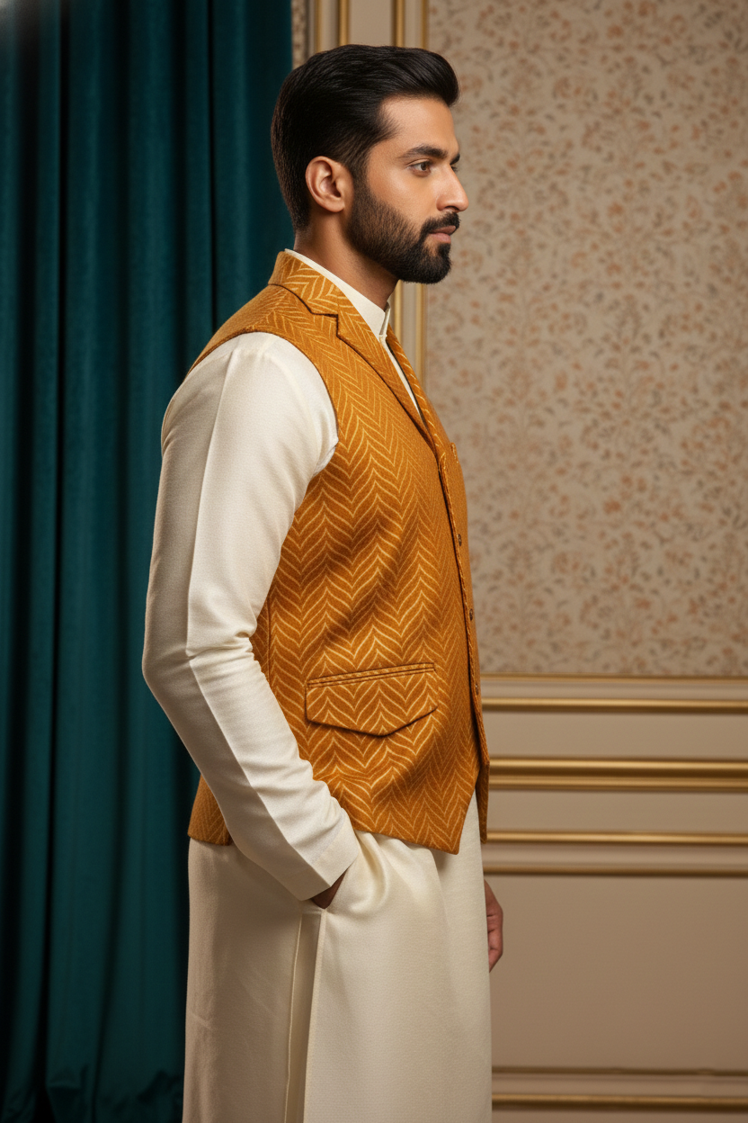 Men’s Mustard Brocade Nehru Jacket | Ethnic Wedding Festive Party Wear Sleeveless Waistcoat with Mandarin Collar for Kurta & Indo Western Outfit