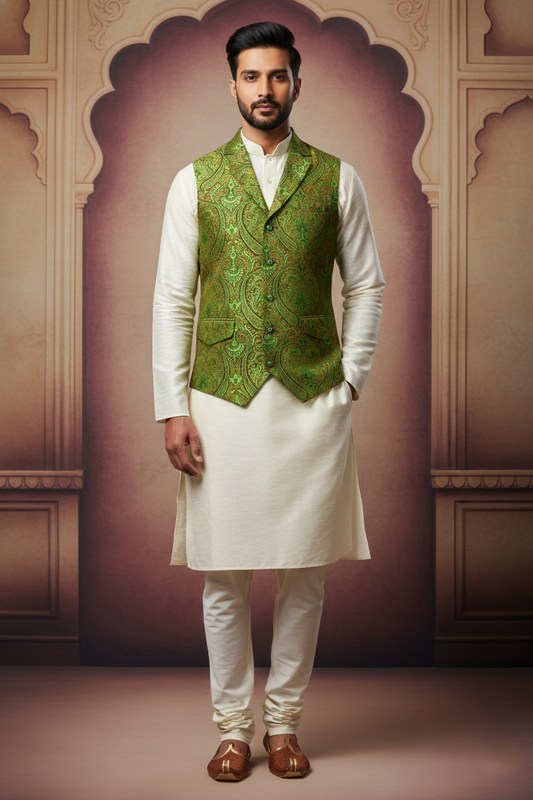 Men’s Green Nehru Jacket with Embroidery Work | Ethnic Waistcoat for Wedding, Festive & Party Wear | Sleeveless Modi Jacket