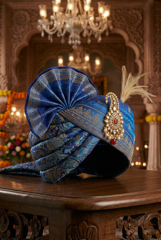 Royal Electric Blue Banarasi Silk Groom Turban