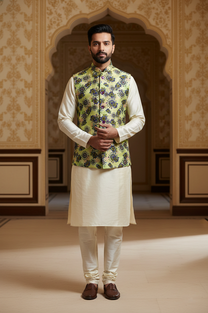 Title: Verdant Sophistication: The Modern Floral Nehru Ensemble
