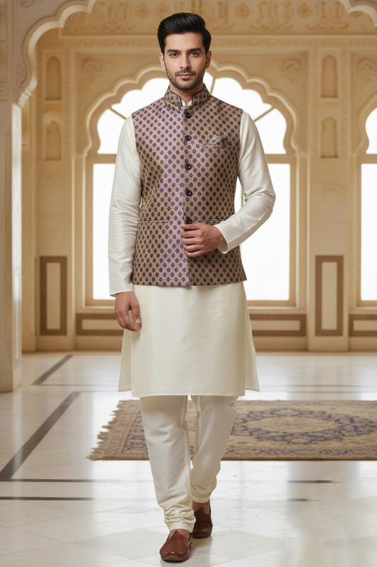 Men’s Purple Printed Nehru Jacket Kurta  Pajama
