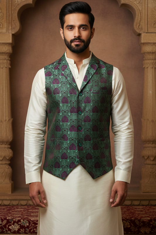 Men's Teal and Maroon Jacquard Waistcoat – Notch Lapel Brocade Nehru Jacket with Traditional Motif Print