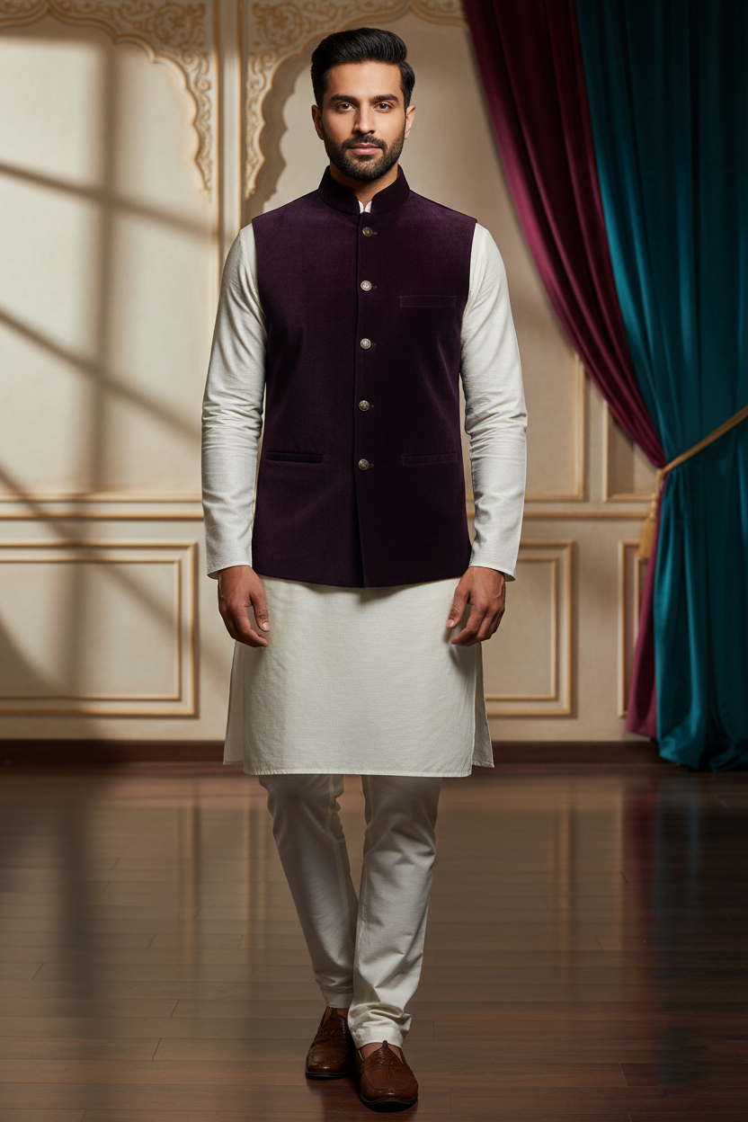 Men’s Premium Plum Velvet Nehru Jacket (Waistcoat)