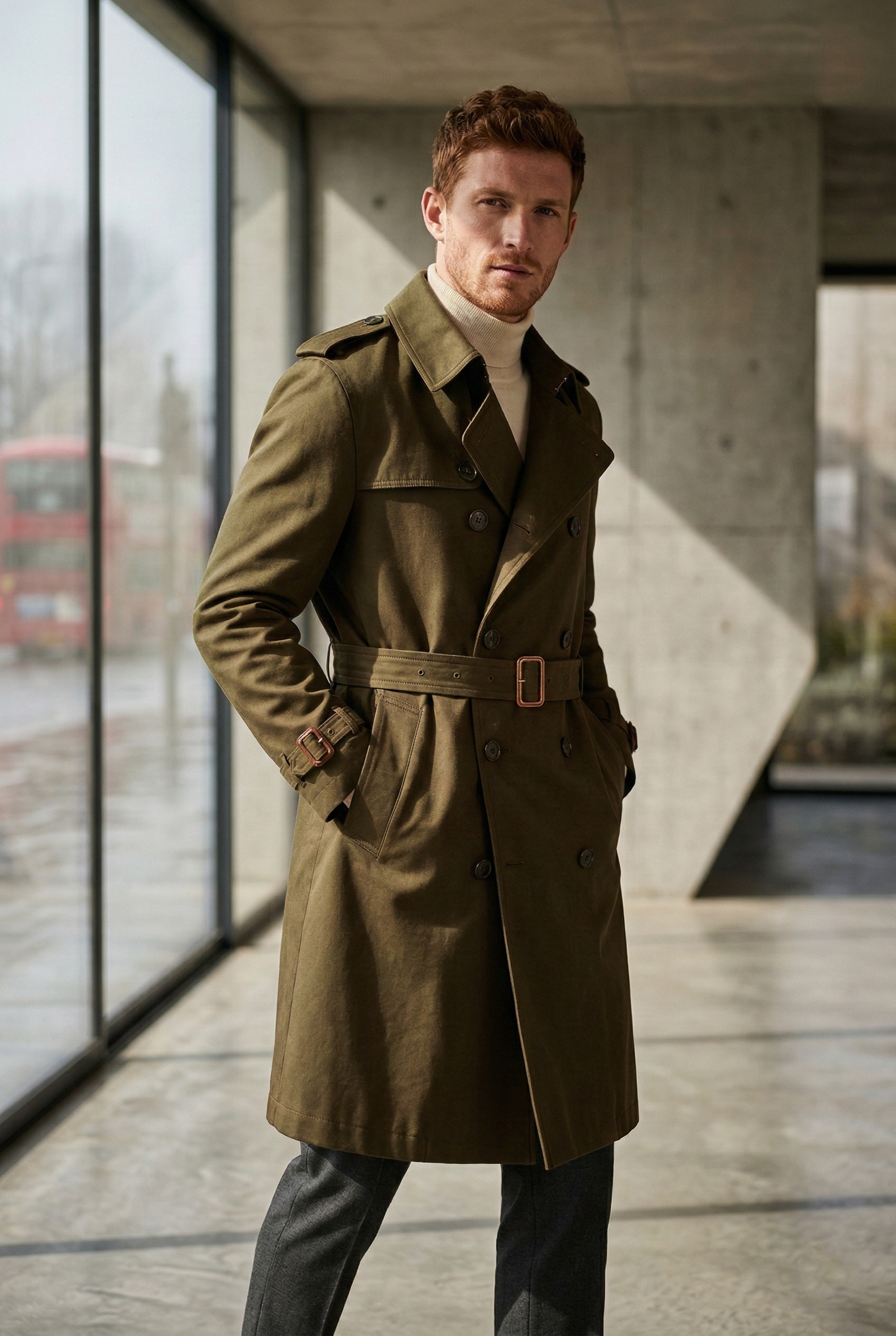 Men'sOlive Green Belted Double-Breasted Trench Coat