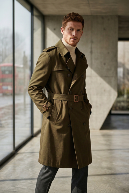 Men'sOlive Green Belted Double-Breasted Trench Coat