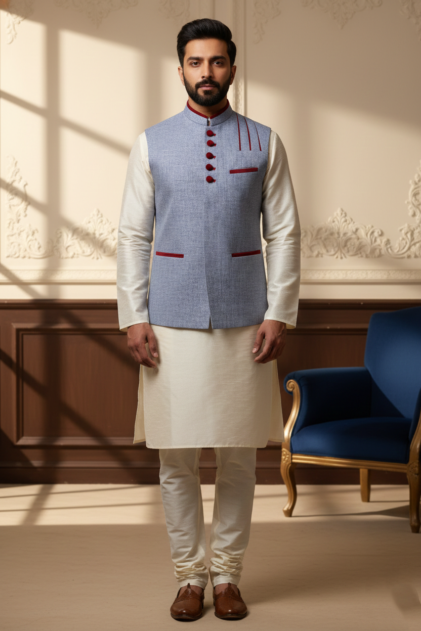 Men's Powder Blue Melange Nehru Jacket – Designer Maroon Contrast Trim Waistcoat | Ethnic Modi Jacket for Weddings & Festivals