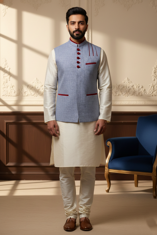 Men's Powder Blue Melange Nehru Jacket – Designer Maroon Contrast Trim Waistcoat | Ethnic Modi Jacket for Weddings & Festivals