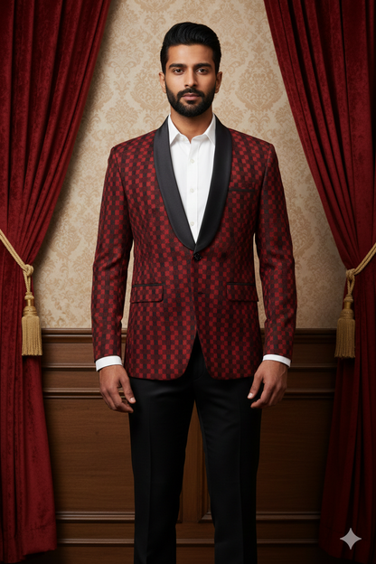 Men's Luxury Maroon & Black Checkered Jacquard Blazer