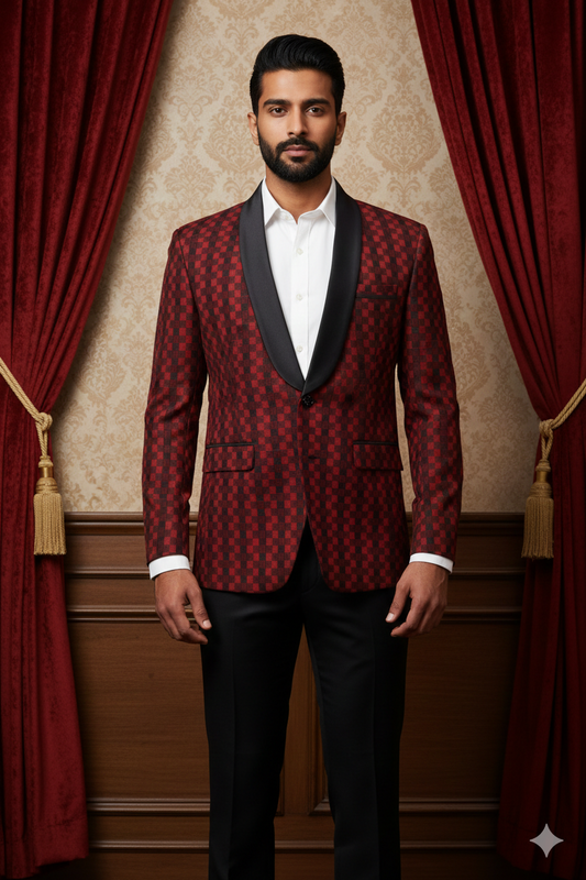 Men's Luxury Maroon & Black Checkered Jacquard Blazer