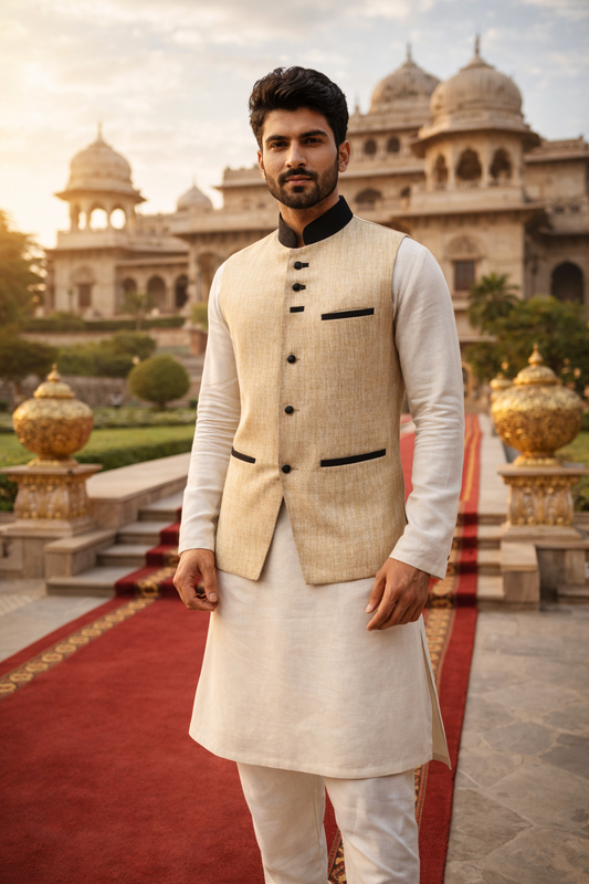 Product Title: Men’s Premium Khadi Textured Beige Nehru Jacket with Contrast Black Detailing