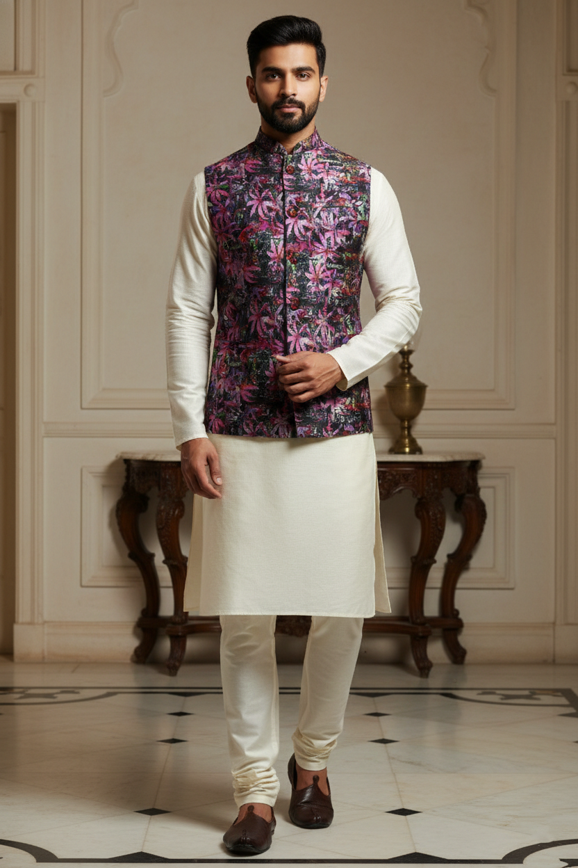Midnight Bloom: Men’s Abstract Floral Nehru Jacket