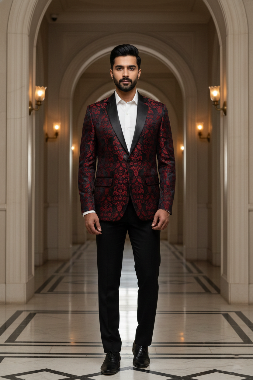 Men's Premium Maroon and Black Jacquard Floral Tuxedo Blazer , Slim Fit Evening Party Wear