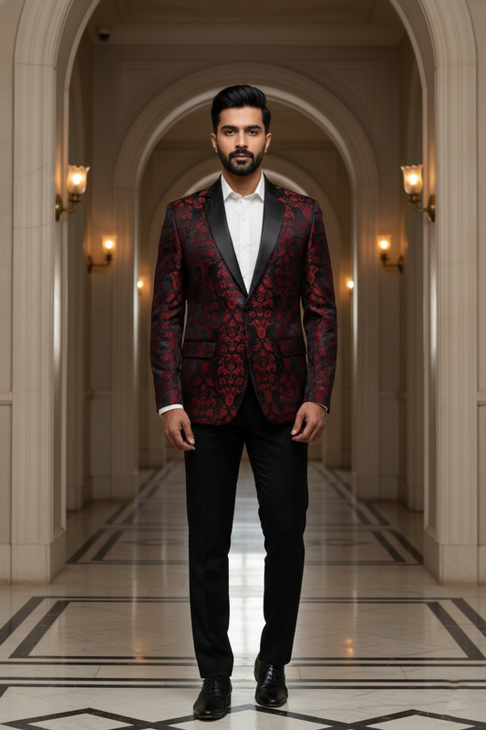 Men's Premium Maroon and Black Jacquard Floral Tuxedo Blazer , Slim Fit Evening Party Wear