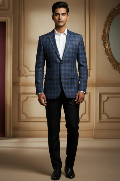 Men's Premium Navy Blue Jacquard Checkered Blazer