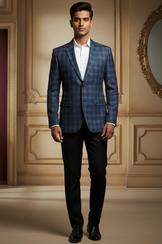 Men's Premium Navy Blue Jacquard Checkered Blazer