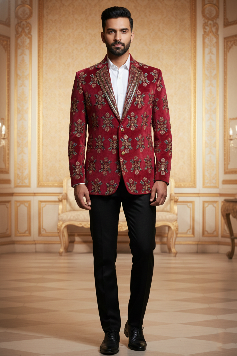 Men'sMaroon Embroidered Indo-Western Blazer