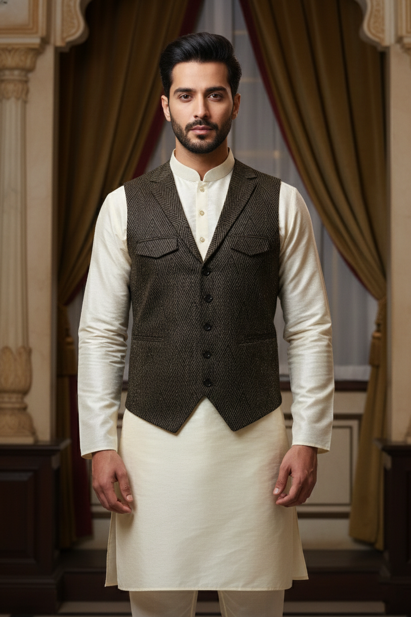 Men’s Textured Charcoal Nehru Jacket with Lapels