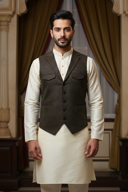 Men’s Textured Charcoal Nehru Jacket with Lapels