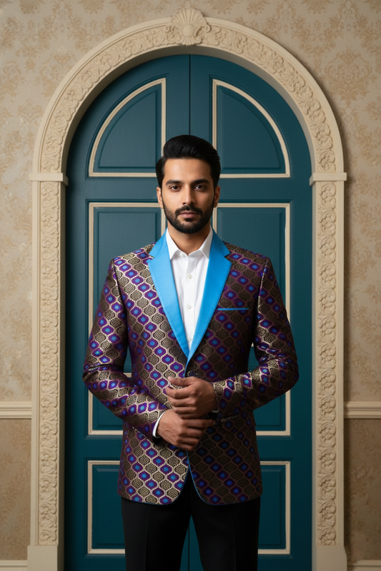 Man in Luxury Purple and Blue Patterned Brocade Blazer with Teal Lapels