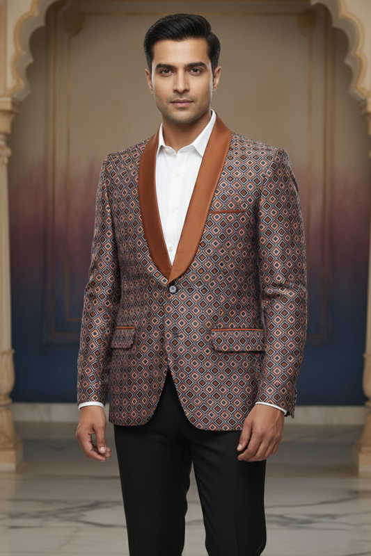 Geometric Diamond-Pattern Jacket with Satin Lapels