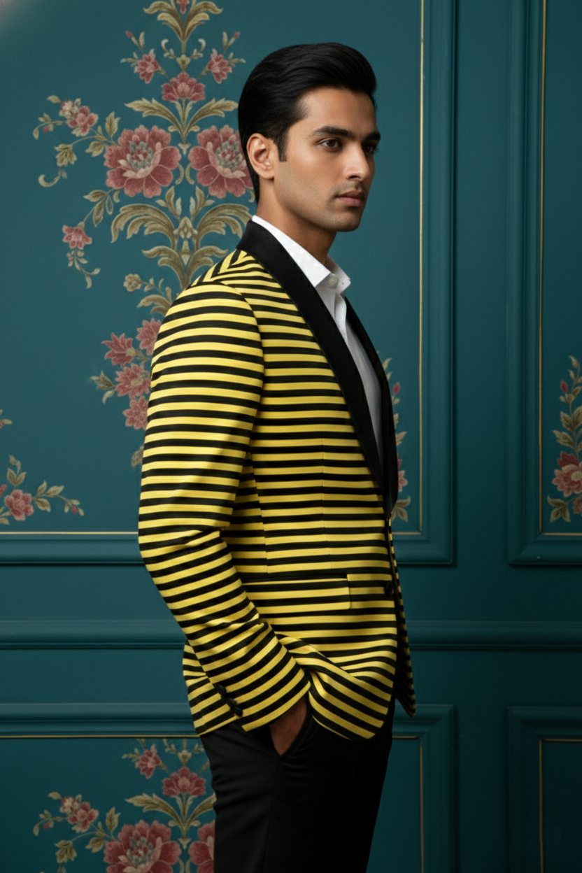 Men'sSlim-Fit Horizontal Striped Blazer with Shawl Lapel , Bold Yellow and Black Statement Jacket
