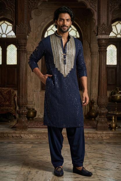 Navy Blue Heavy Sequin Designer Kurta Pajama