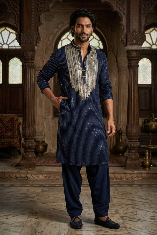 Navy Blue Heavy Sequin Designer Kurta Pajama