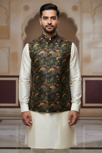 Imperial Heritage: The Midnight Gold Paisley Nehru Jacket