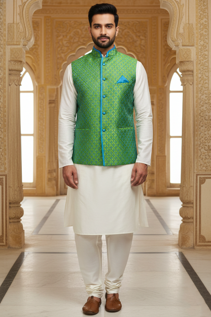 Men’s Green Nehru Jacket with Blue Contrast Piping & Pocket Square | Ethnic Waistcoat