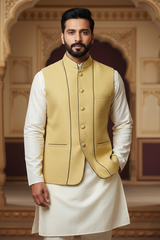 Mustard Nehru Jacket with Black Piping & Cream  Kurta Set