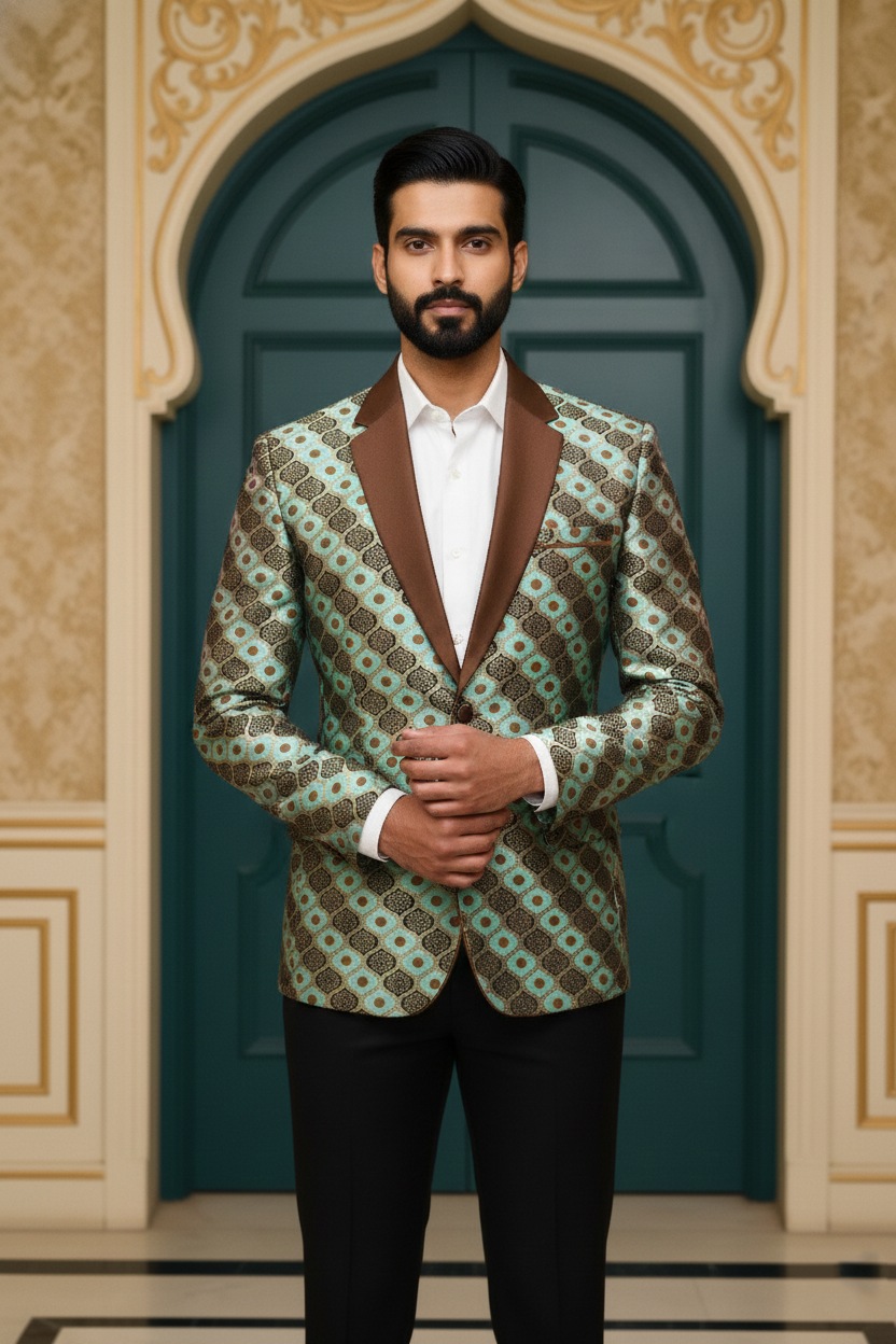 Men'sSeafoam Green & Antique Bronze Jacquard Tuxedo Blazer , Designer Ethnic Fusion