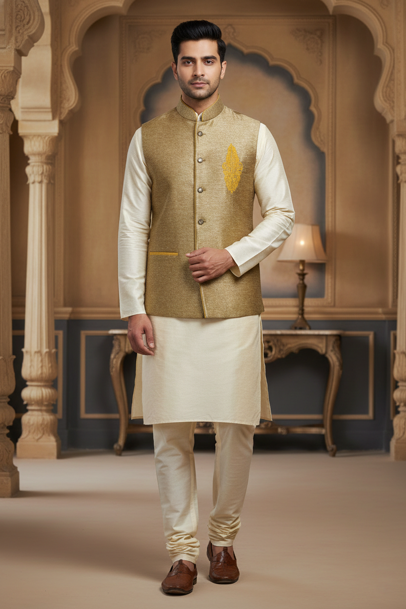 Golden Beige Nehru Jacket with Cream Kurta Set