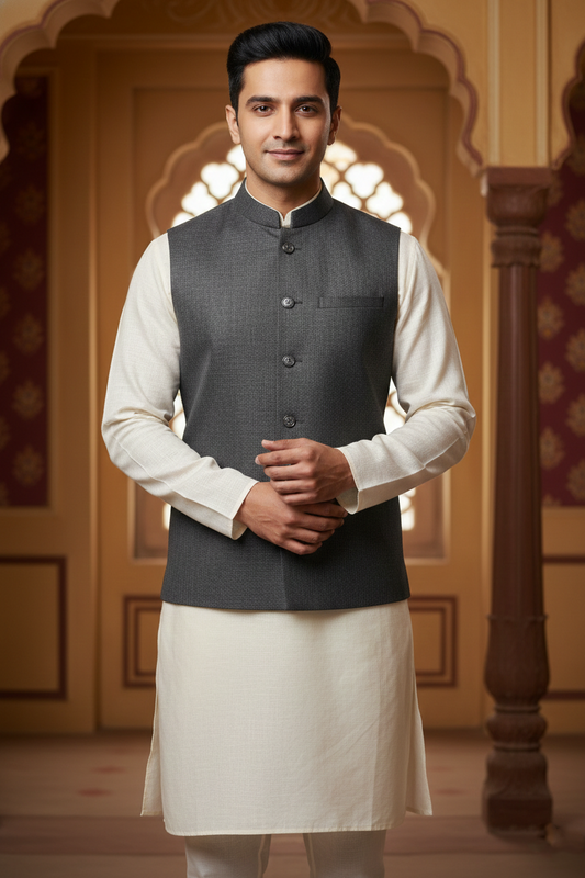 Men’s Light Grey Nehru Jacket | Solid Ethnic Waistcoat with Mandarin Collar